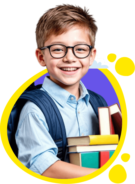 A smiling boy in glasses holding a stack of school books