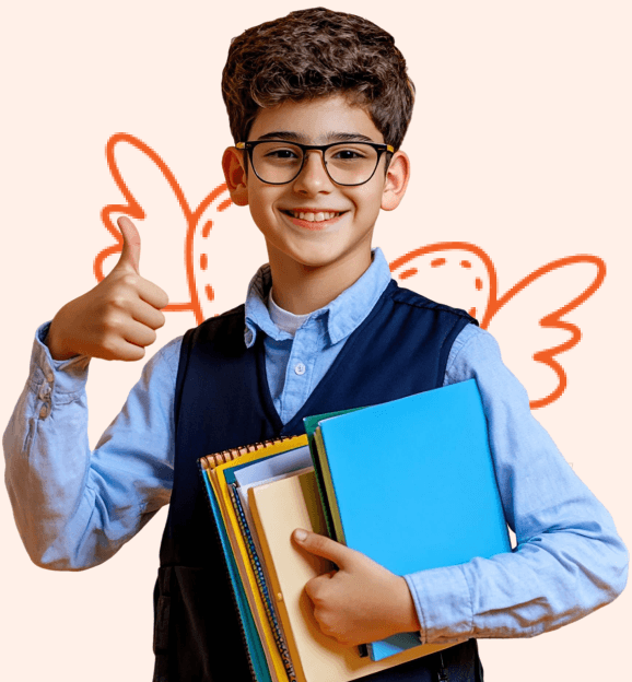 A boy giving a thumbs up while carrying his books